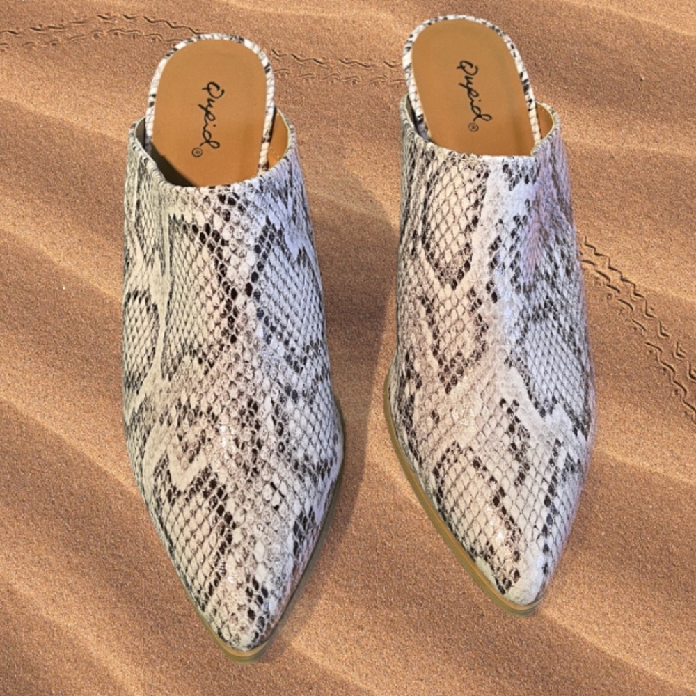 Qupid Snake Print Mules | Faux Snakeskin Slip-On Pointed Heels | NWT